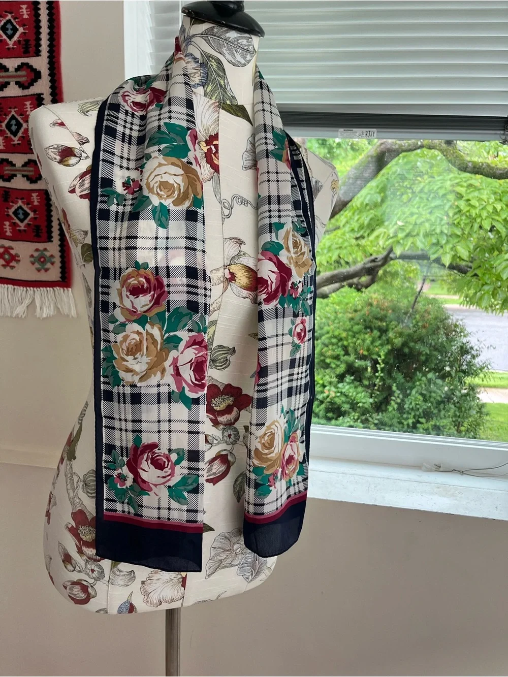 Floral Plaid Women's Scarf in Ivory, Navy & Rose